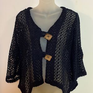 Nina Leonard Navy Blue Crochet Knit Bolero Cardigan Coconut Button Detail